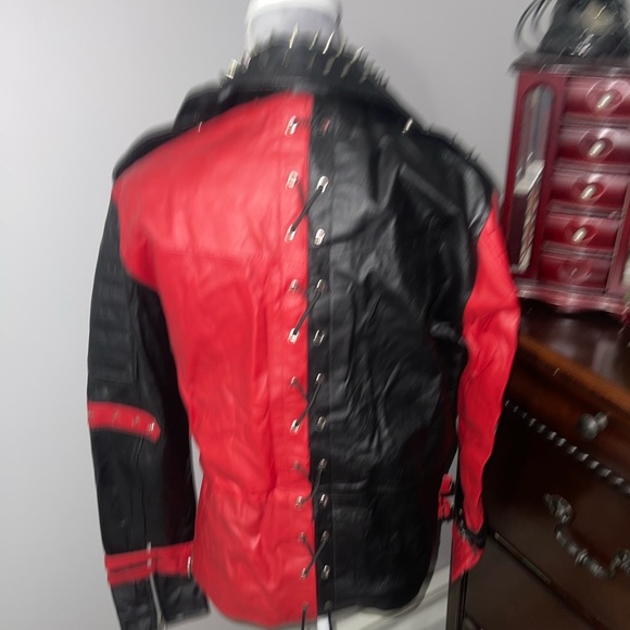 Studded Red and Black Faux Leather Moto Jacket - Picture 5 of 8